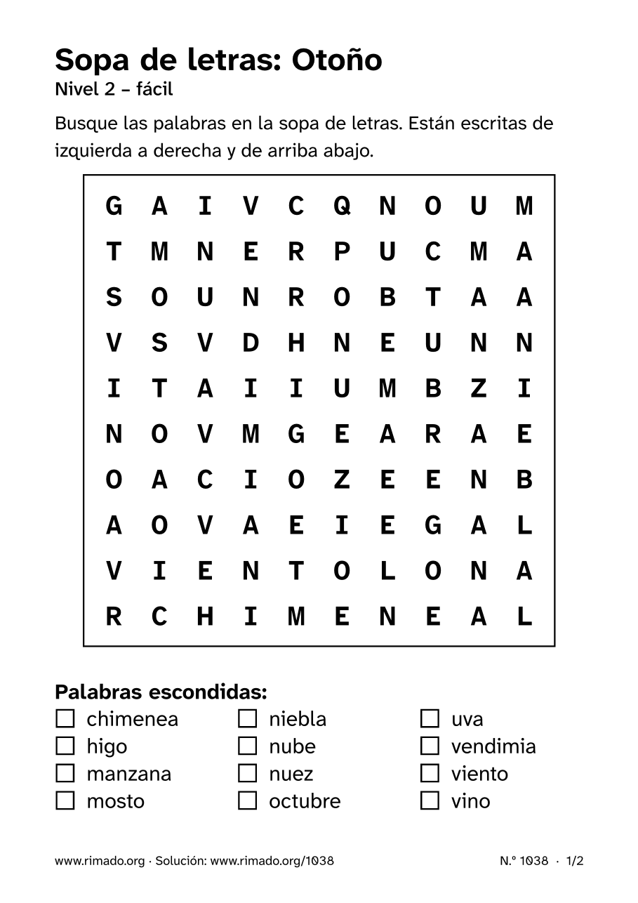 Vista previa de la hoja impresa: Sopa de letras «Otoño», n.º 1038