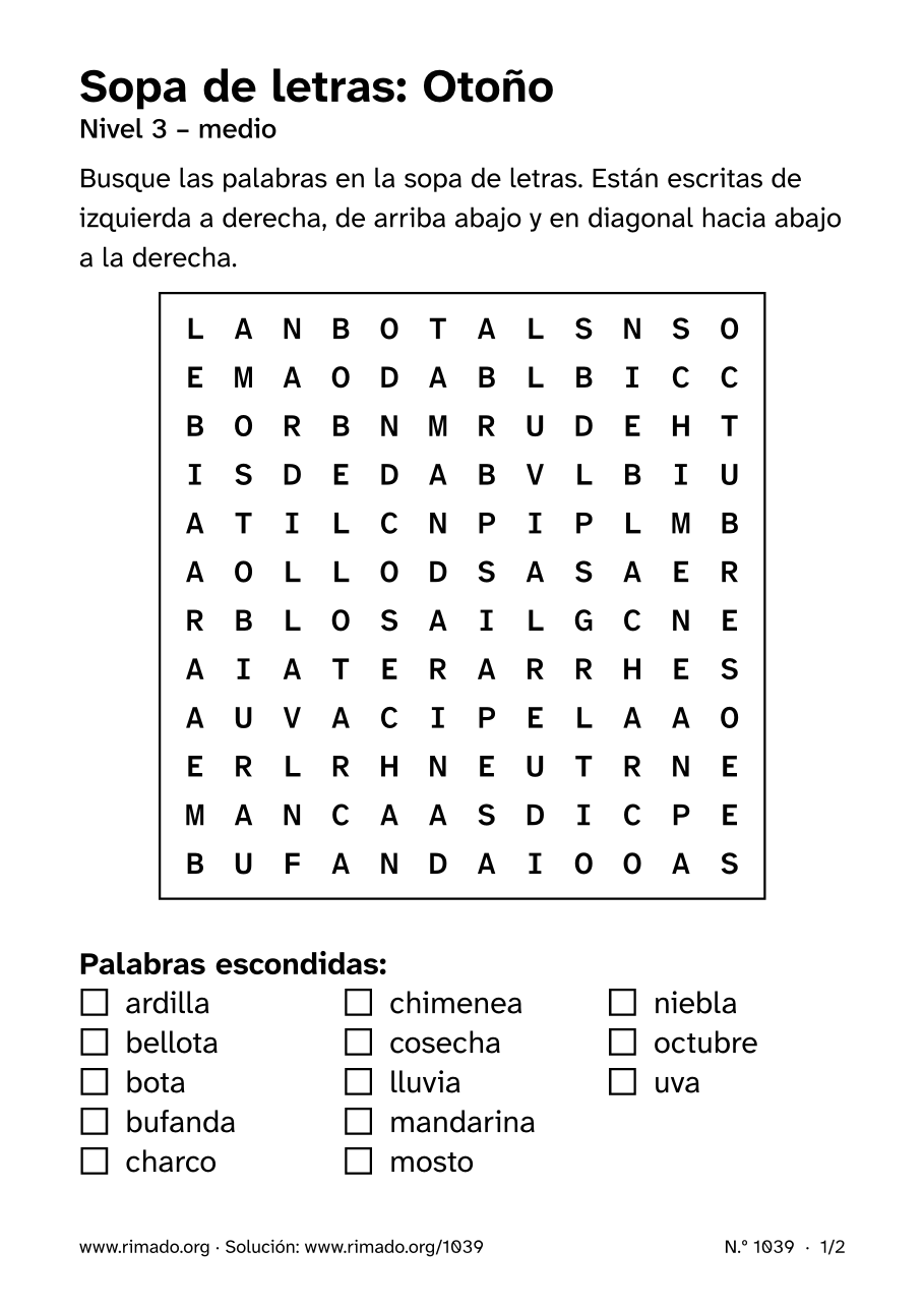 Vista previa de la hoja impresa: Sopa de letras «Otoño», n.º 1039