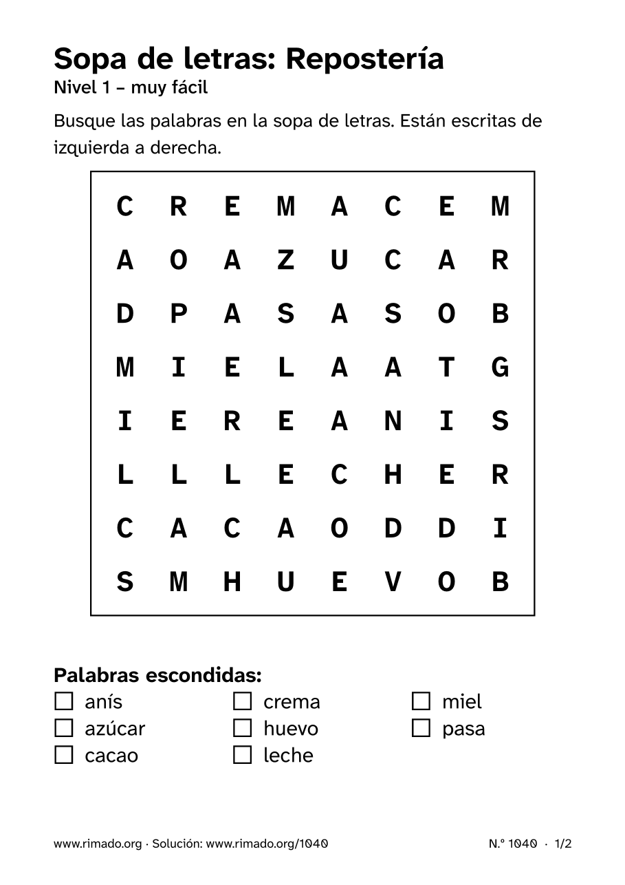 Vista previa de la hoja impresa: Sopa de letras «Repostería», n.º 1040