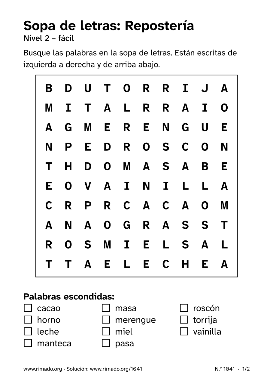 Vista previa de la hoja impresa: Sopa de letras «Repostería», n.º 1041