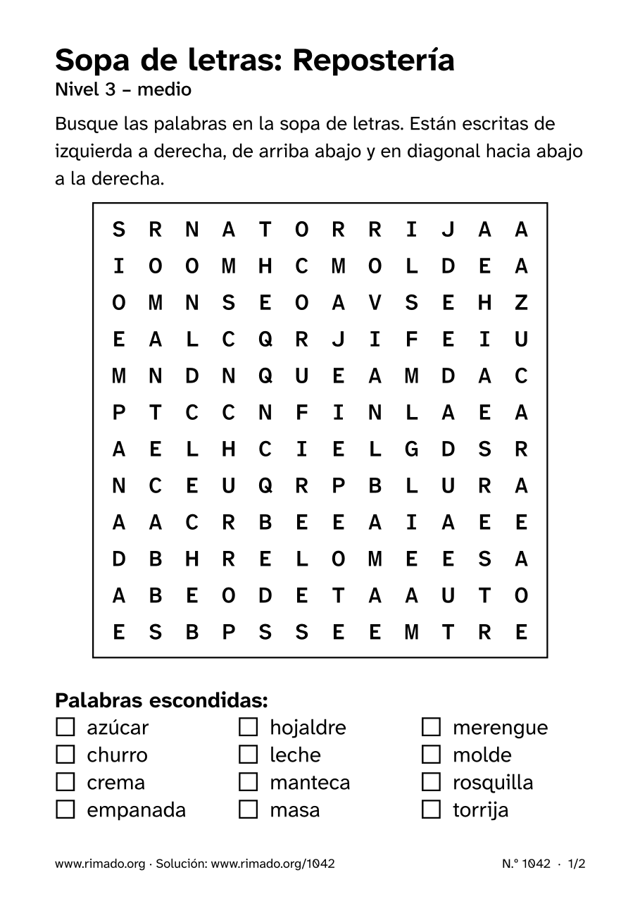 Vista previa de la hoja impresa: Sopa de letras «Repostería», n.º 1042