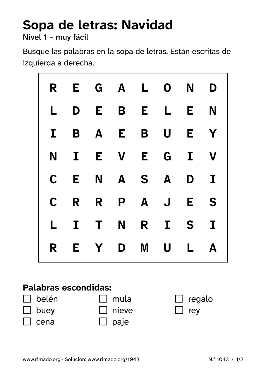 Vista previa de la hoja impresa: Sopa de letras «Navidad», n.º 1043