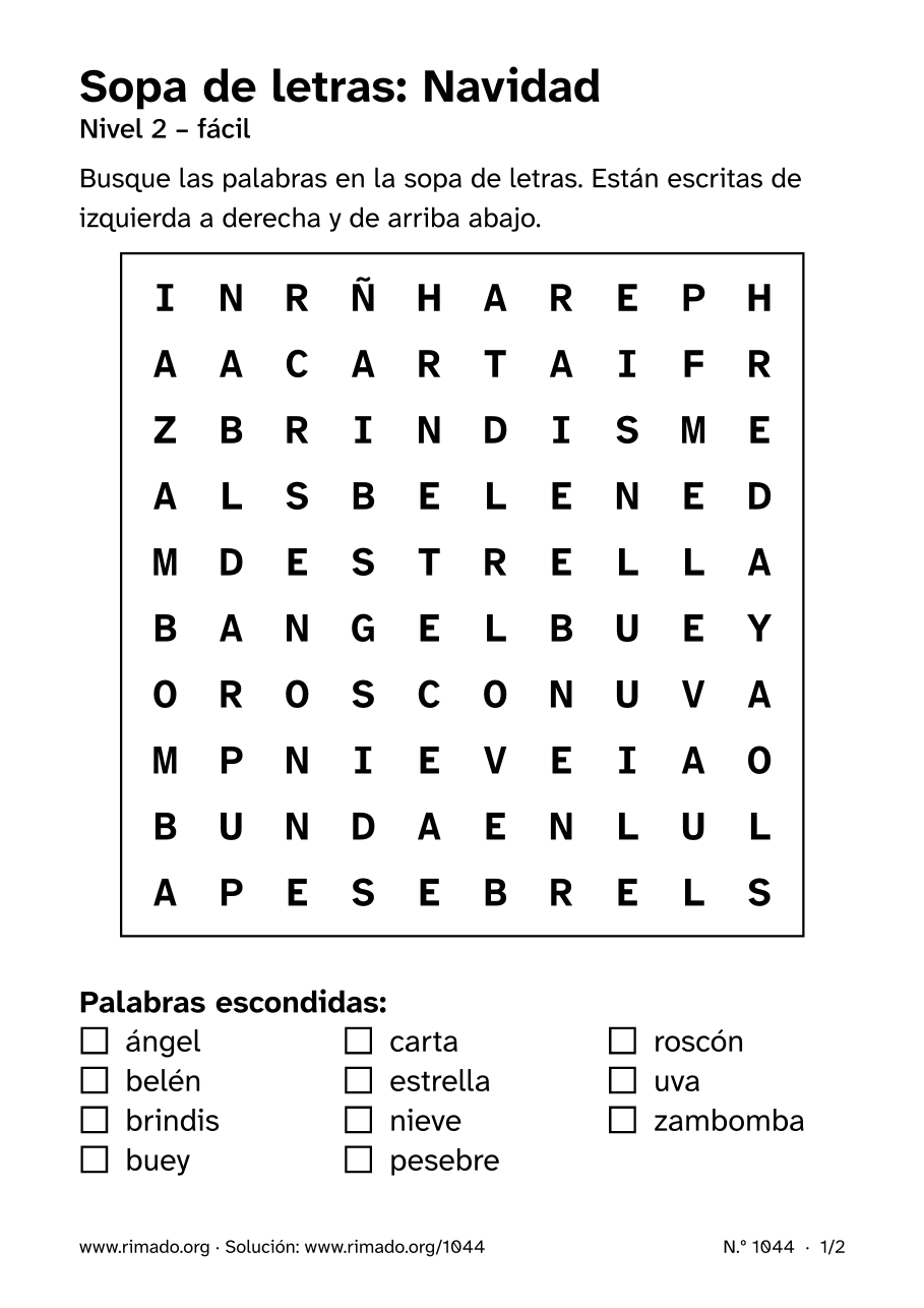 Vista previa de la hoja impresa: Sopa de letras «Navidad», n.º 1044