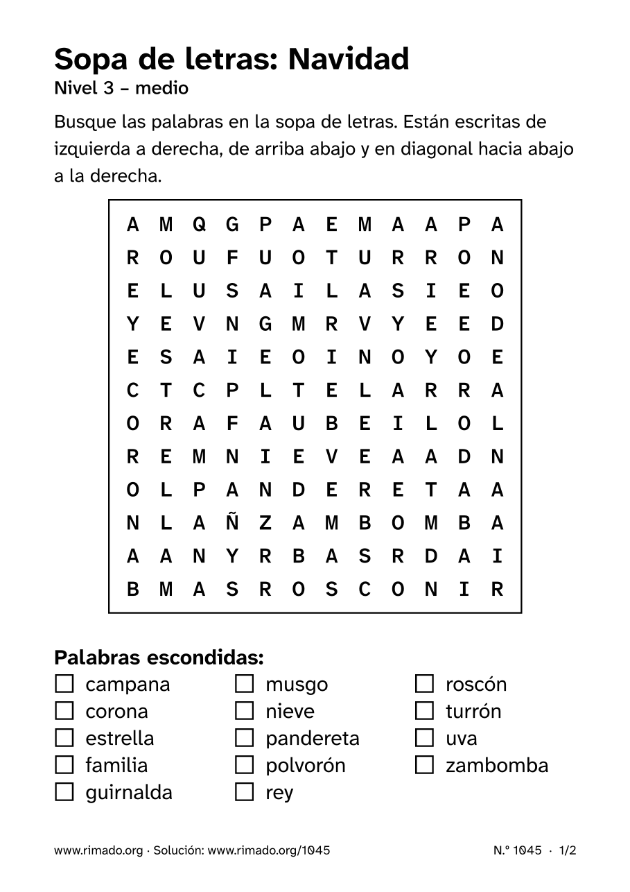 Vista previa de la hoja impresa: Sopa de letras «Navidad», n.º 1045