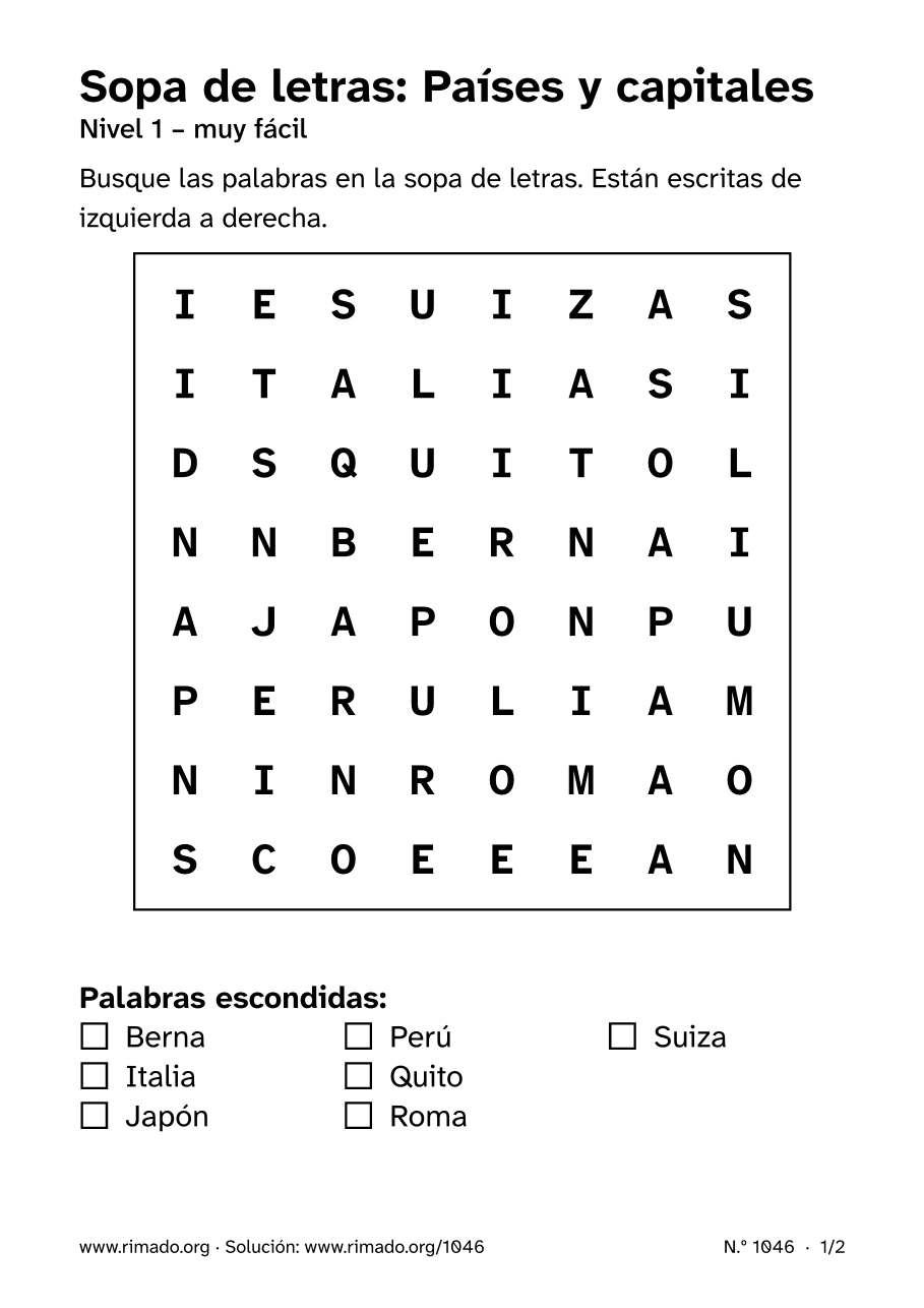 Vista previa de la hoja impresa: Sopa de letras «Países y capitales», n.º 1046