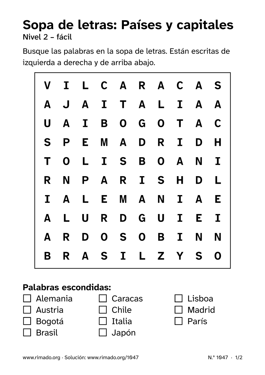Vista previa de la hoja impresa: Sopa de letras «Países y capitales», n.º 1047