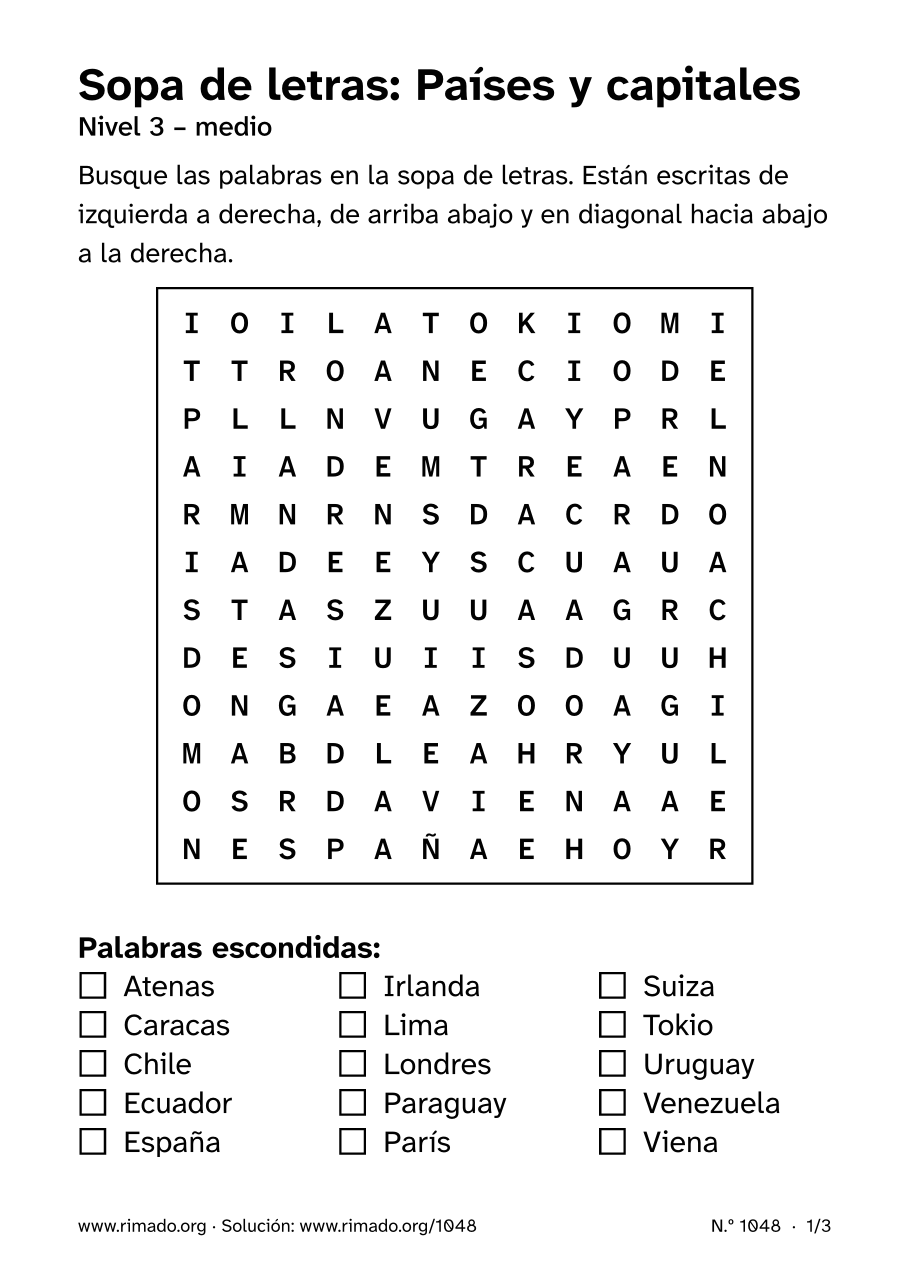 Vista previa de la hoja impresa: Sopa de letras «Países y capitales», n.º 1048