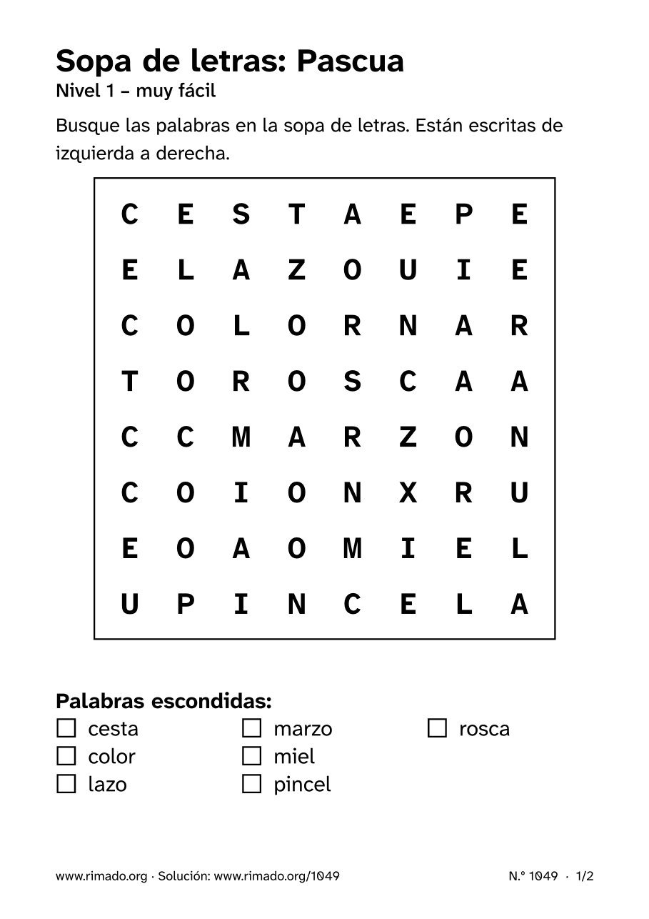 Vista previa de la hoja impresa: Sopa de letras «Pascua», n.º 1049