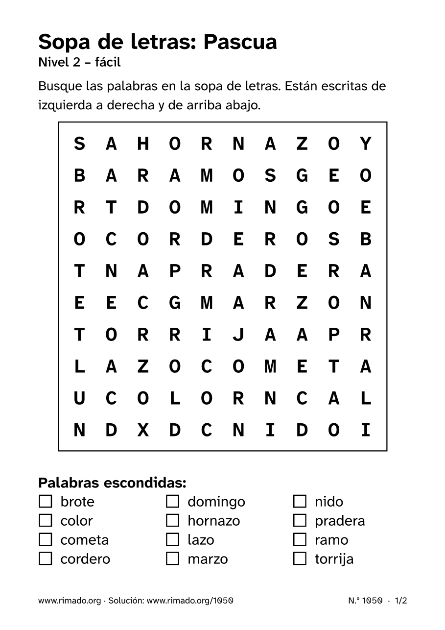 Vista previa de la hoja impresa: Sopa de letras «Pascua», n.º 1050