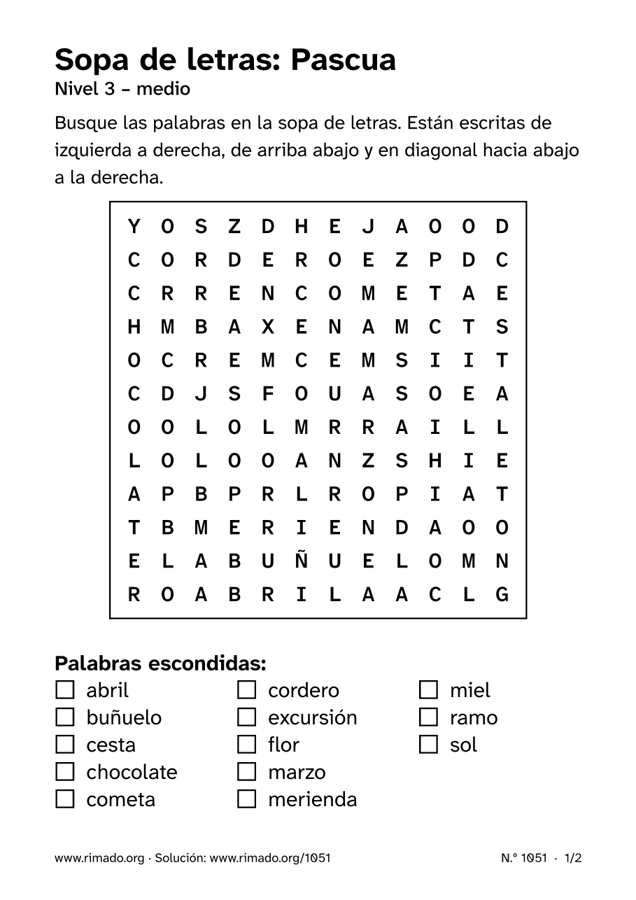 Vista previa de la hoja impresa: Sopa de letras «Pascua», n.º 1051
