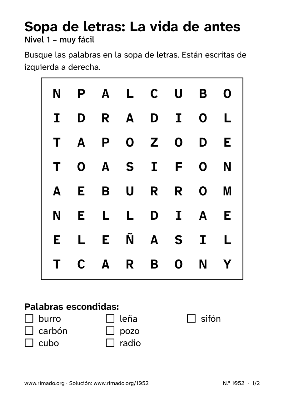 Vista previa de la hoja impresa: Sopa de letras «La vida de antes», n.º 1052
