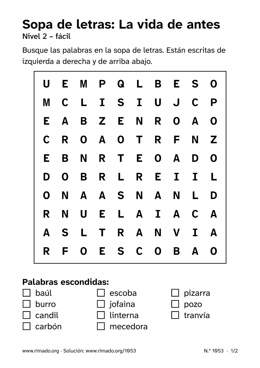Vista previa de la hoja impresa: Sopa de letras «La vida de antes», n.º 1053