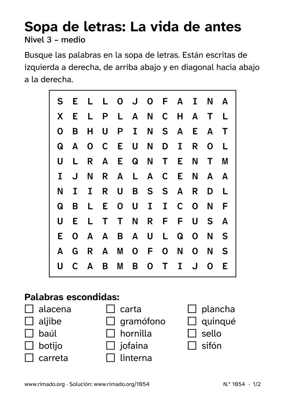 Vista previa de la hoja impresa: Sopa de letras «La vida de antes», n.º 1054