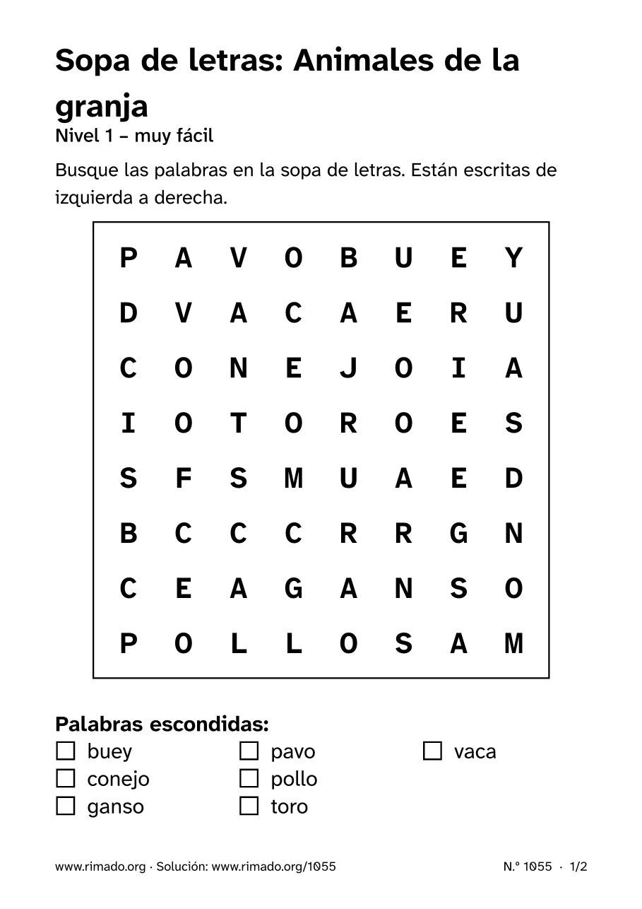 Vista previa de la hoja impresa: Sopa de letras «Animales de la granja», n.º 1055