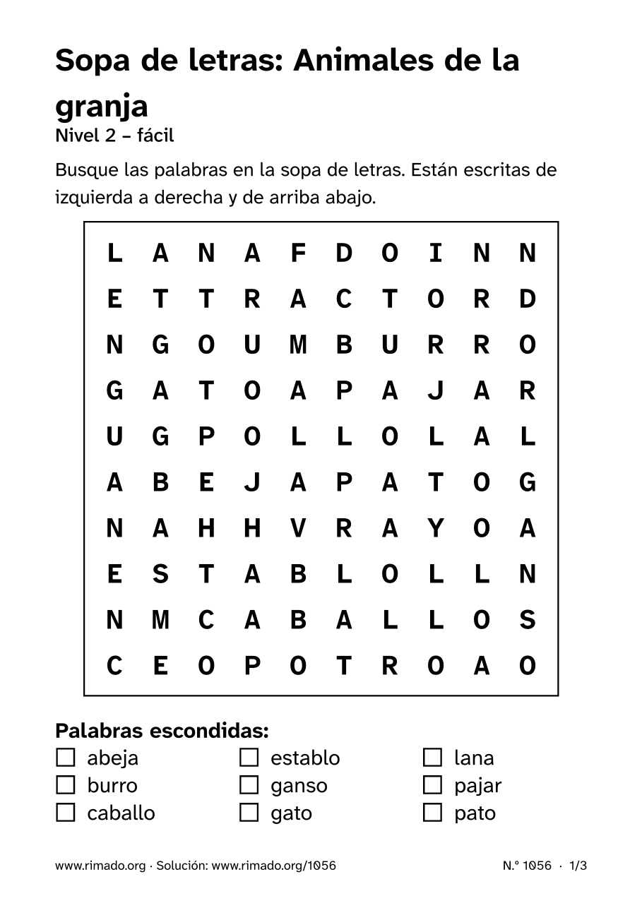 Vista previa de la hoja impresa: Sopa de letras «Animales de la granja», n.º 1056