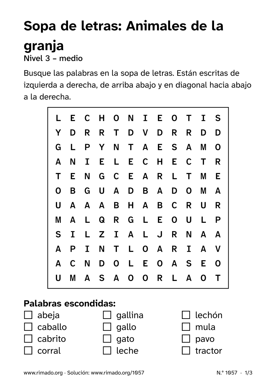 Vista previa de la hoja impresa: Sopa de letras «Animales de la granja», n.º 1057