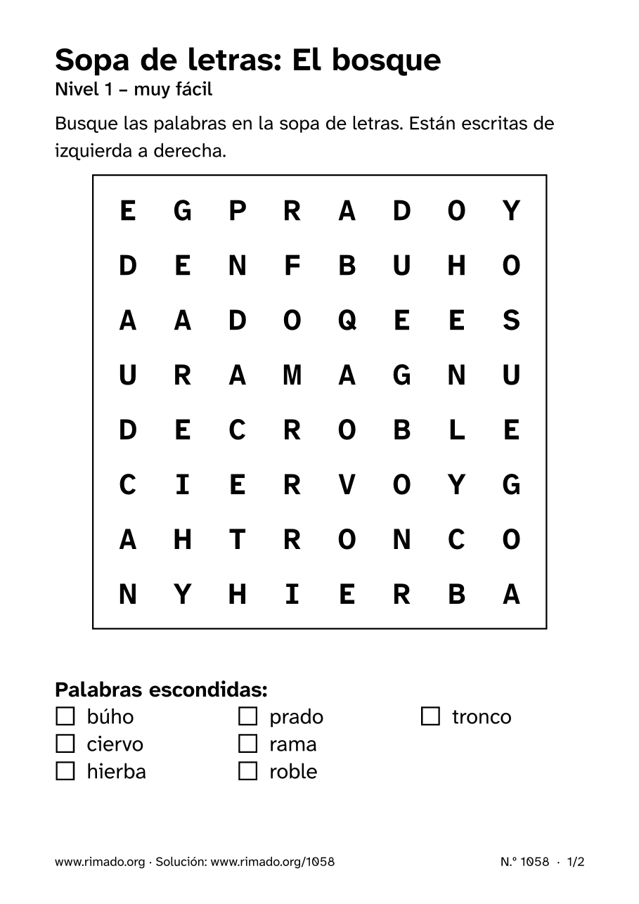 Vista previa de la hoja impresa: Sopa de letras «El bosque», n.º 1058