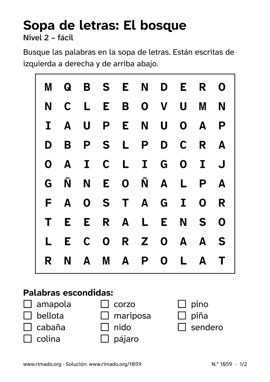 Vista previa de la hoja impresa: Sopa de letras «El bosque», n.º 1059