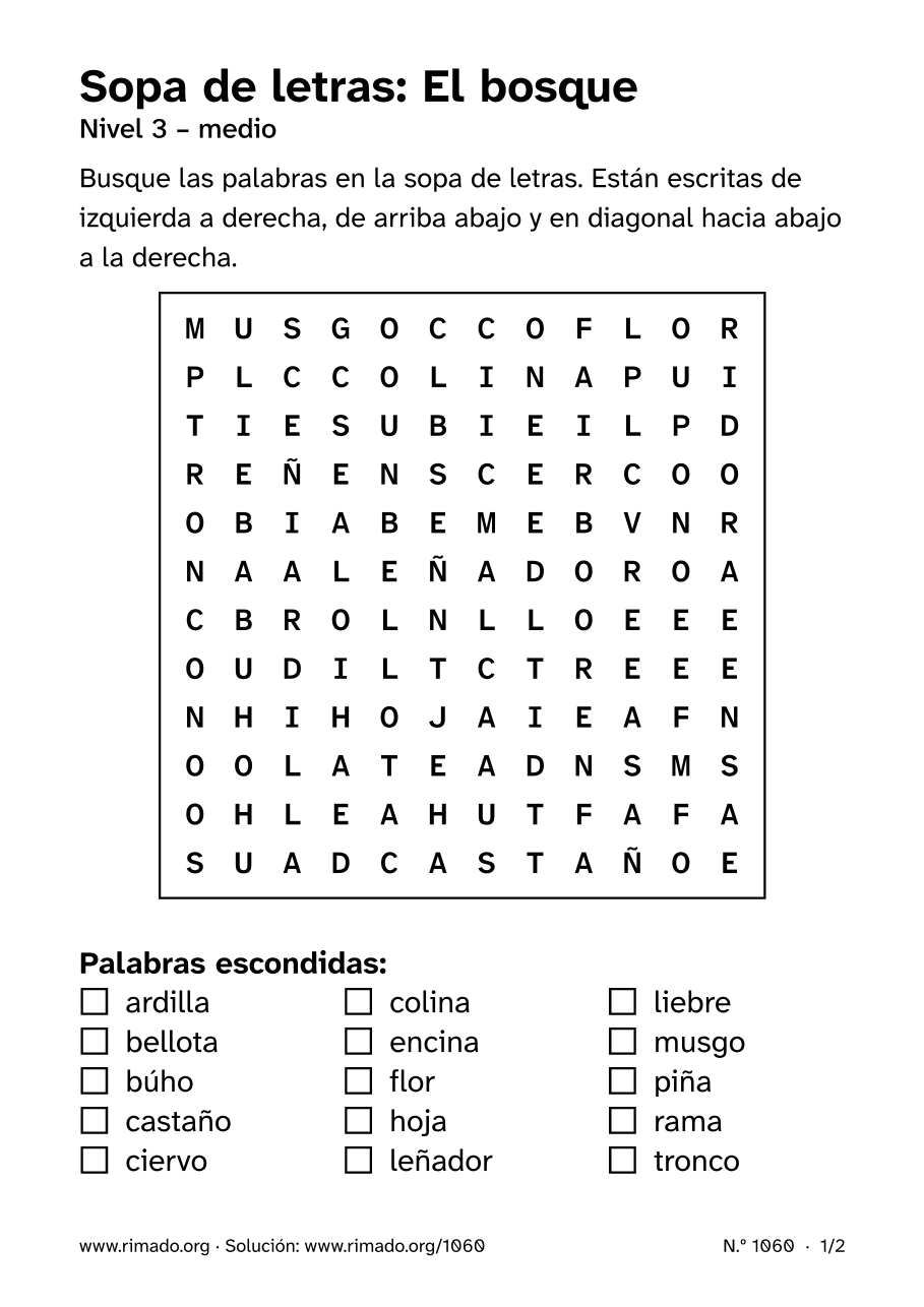 Vista previa de la hoja impresa: Sopa de letras «El bosque», n.º 1060