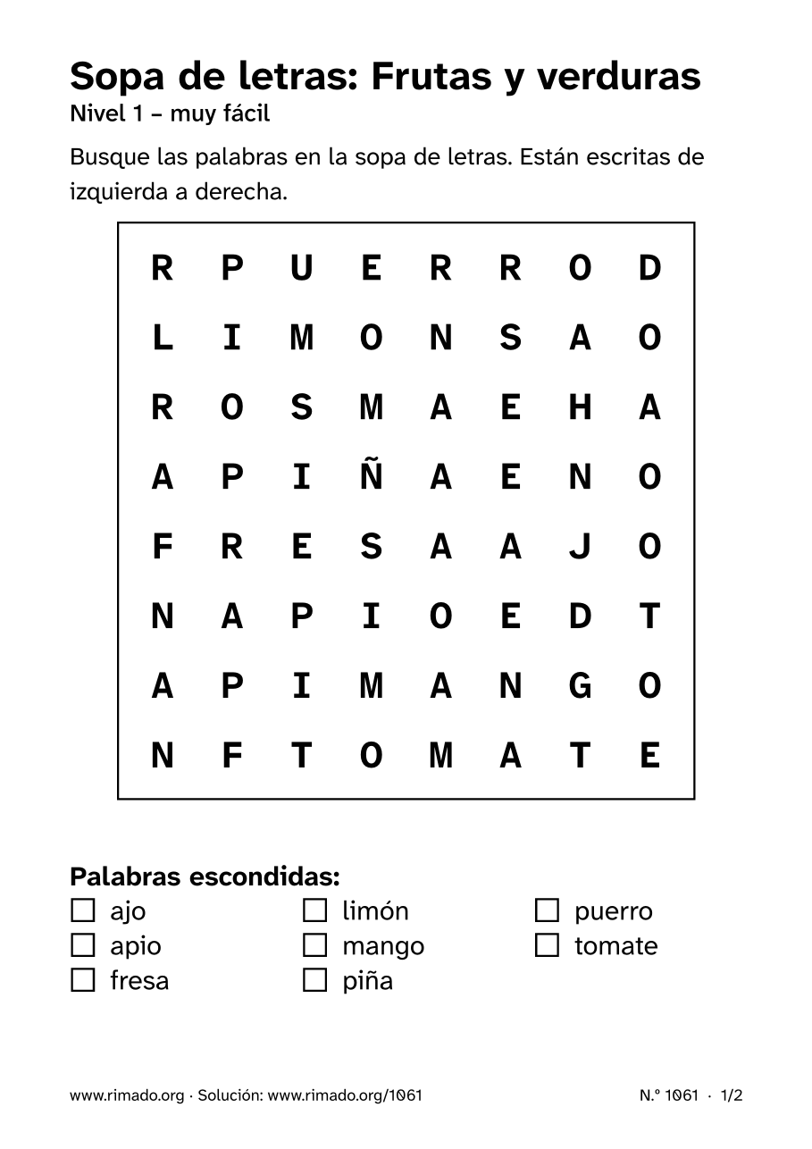 Vista previa de la hoja impresa: Sopa de letras «Frutas y verduras», n.º 1061