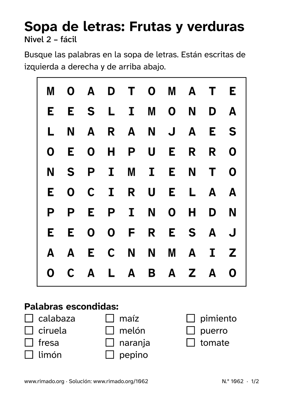 Vista previa de la hoja impresa: Sopa de letras «Frutas y verduras», n.º 1062