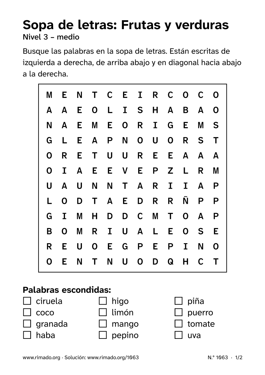 Vista previa de la hoja impresa: Sopa de letras «Frutas y verduras», n.º 1063