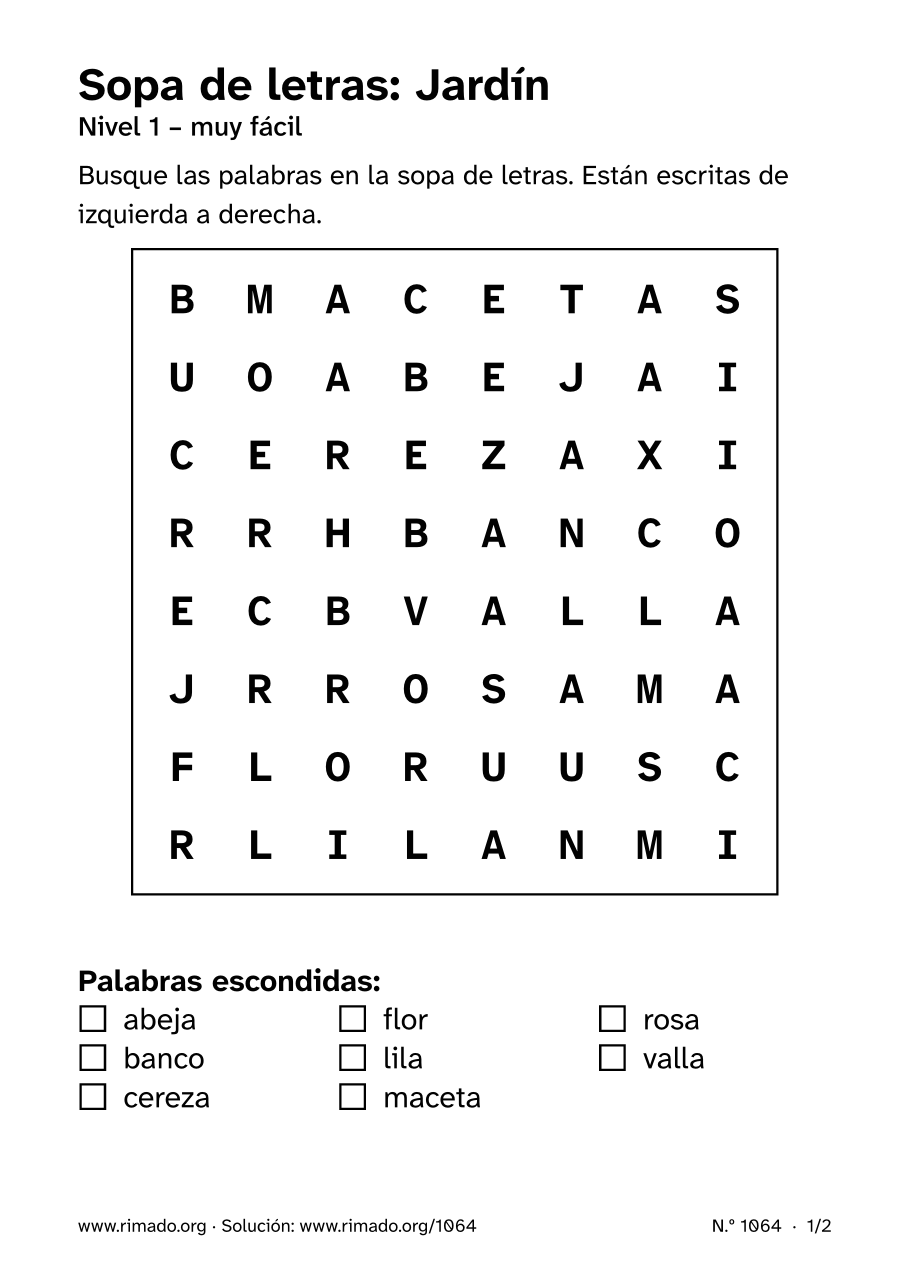 Vista previa de la hoja impresa: Sopa de letras «Jardín», n.º 1064