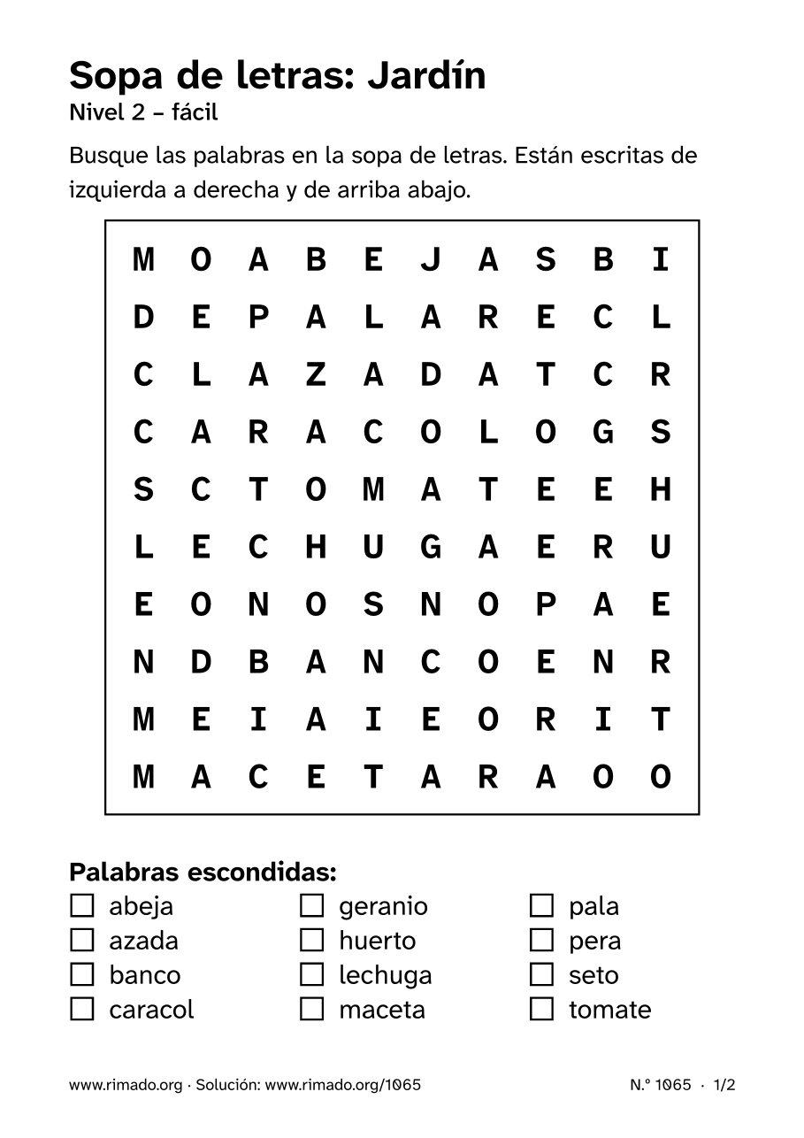 Vista previa de la hoja impresa: Sopa de letras «Jardín», n.º 1065