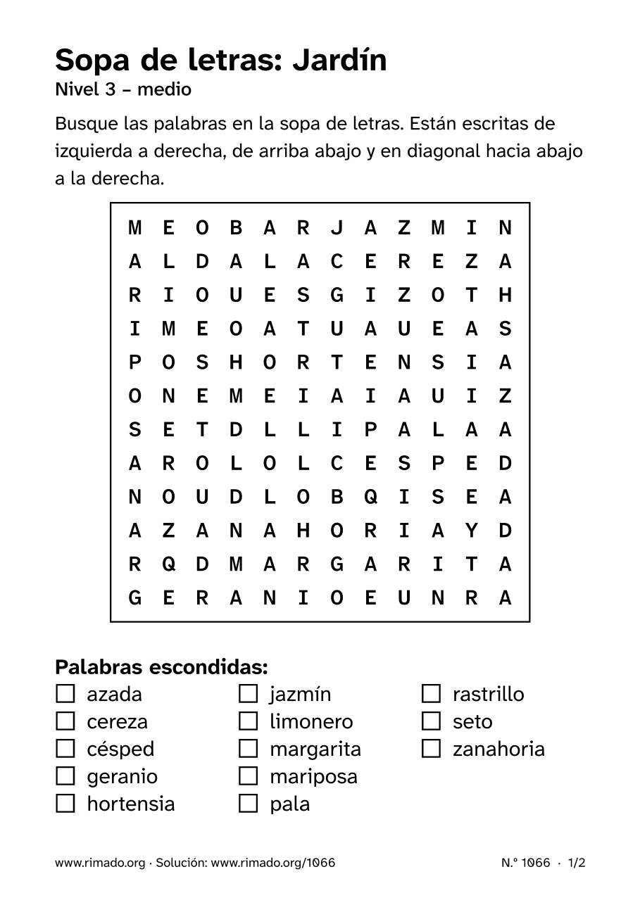 Vista previa de la hoja impresa: Sopa de letras «Jardín», n.º 1066