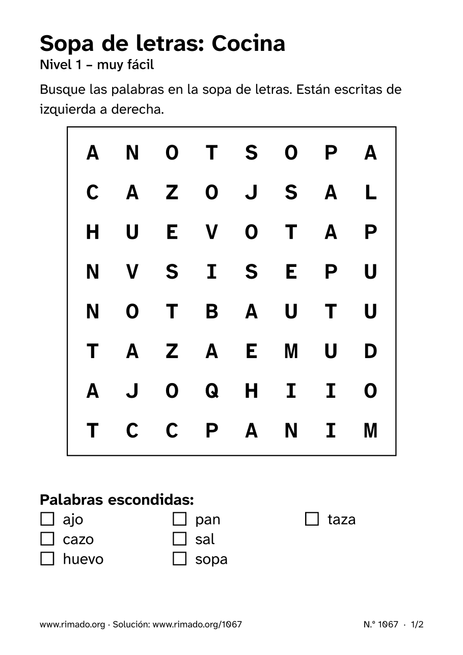 Vista previa de la hoja impresa: Sopa de letras «Cocina», n.º 1067