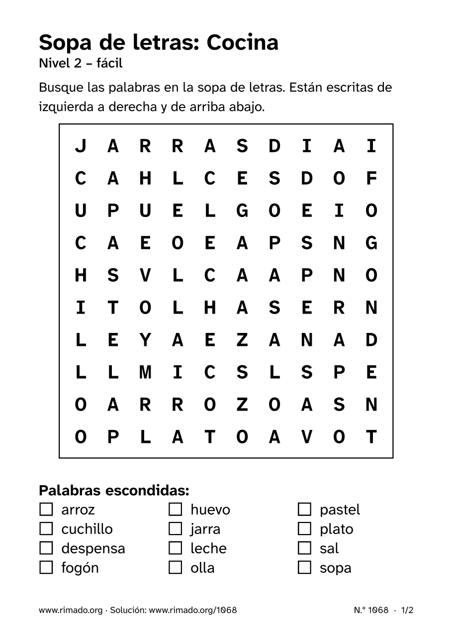 Vista previa de la hoja impresa: Sopa de letras «Cocina», n.º 1068