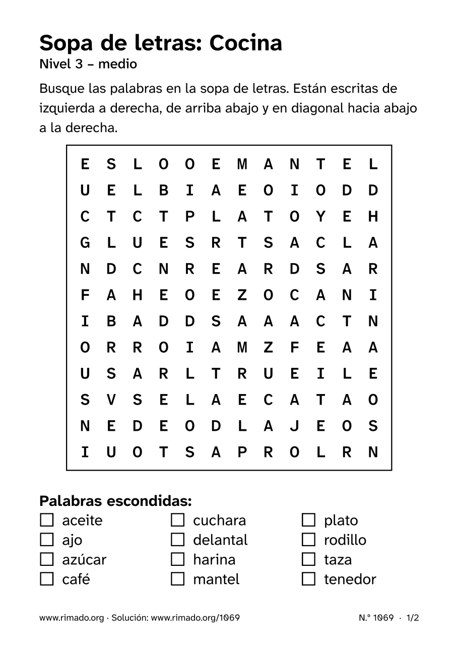Vista previa de la hoja impresa: Sopa de letras «Cocina», n.º 1069