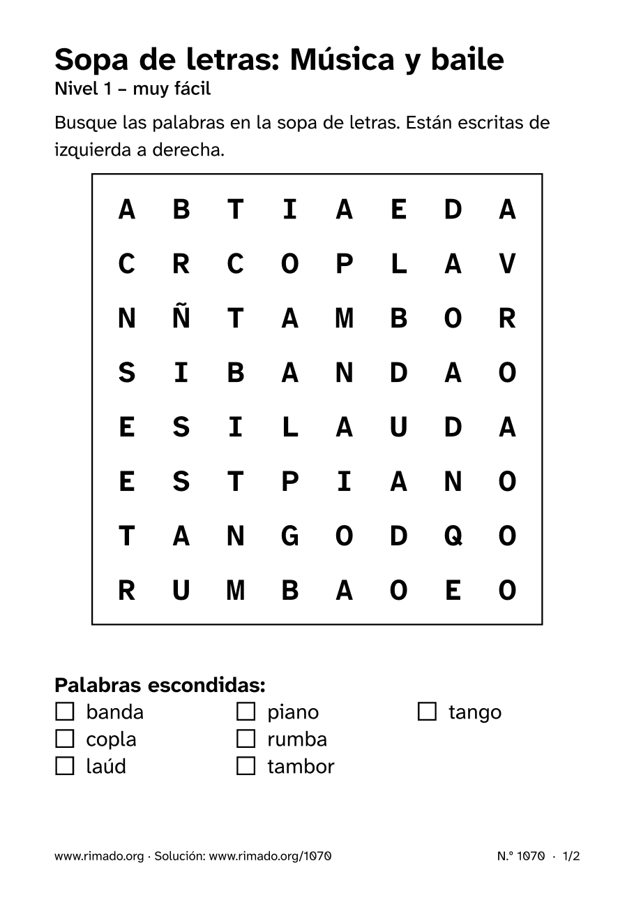 Vista previa de la hoja impresa: Sopa de letras «Música y baile», n.º 1070