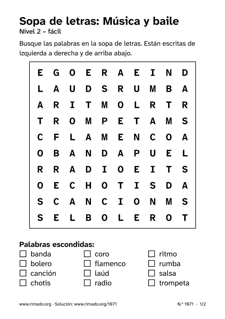 Vista previa de la hoja impresa: Sopa de letras «Música y baile», n.º 1071