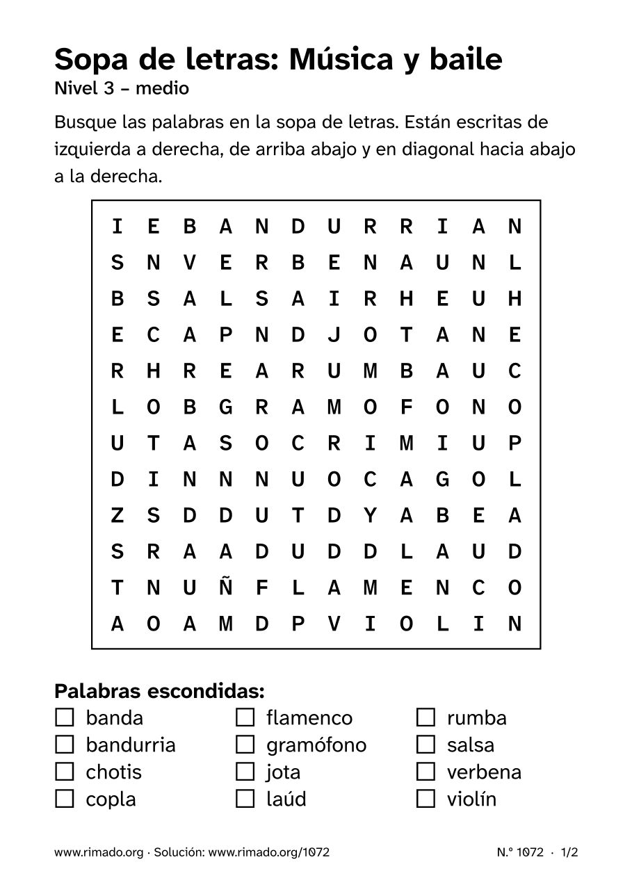 Vista previa de la hoja impresa: Sopa de letras «Música y baile», n.º 1072