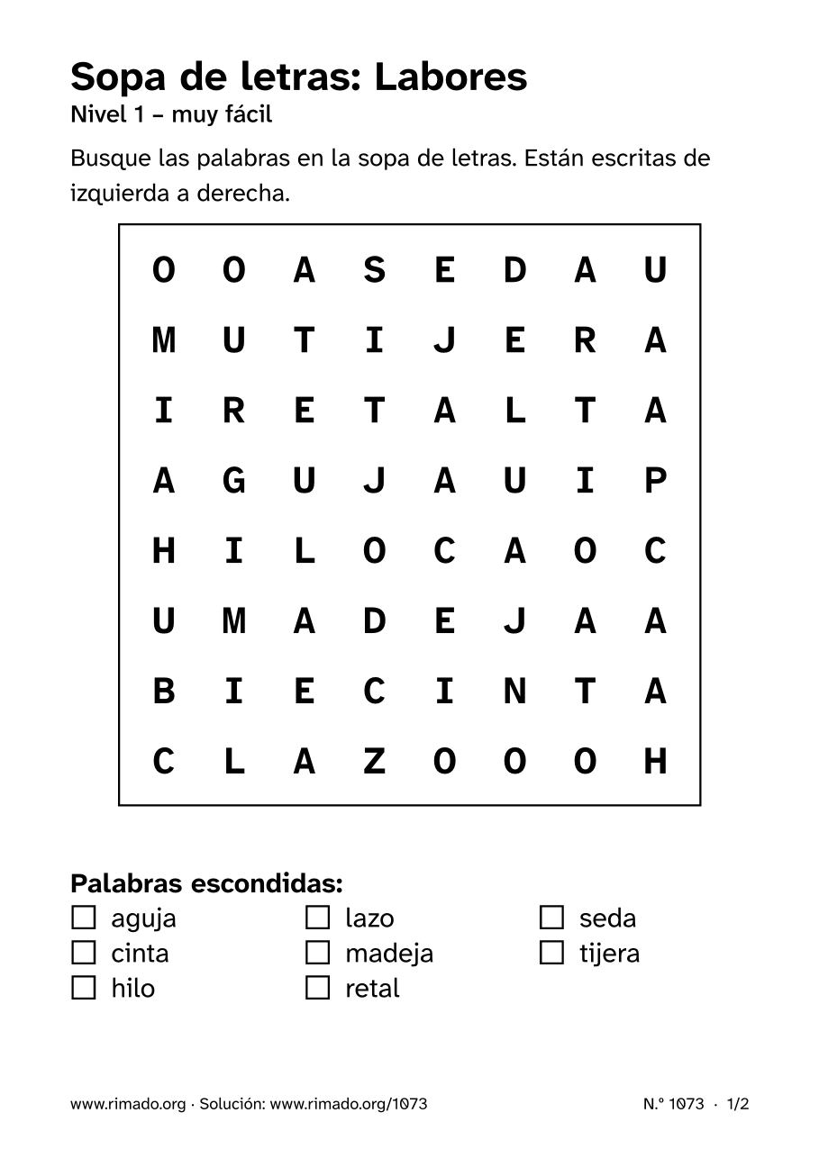 Vista previa de la hoja impresa: Sopa de letras «Labores», n.º 1073