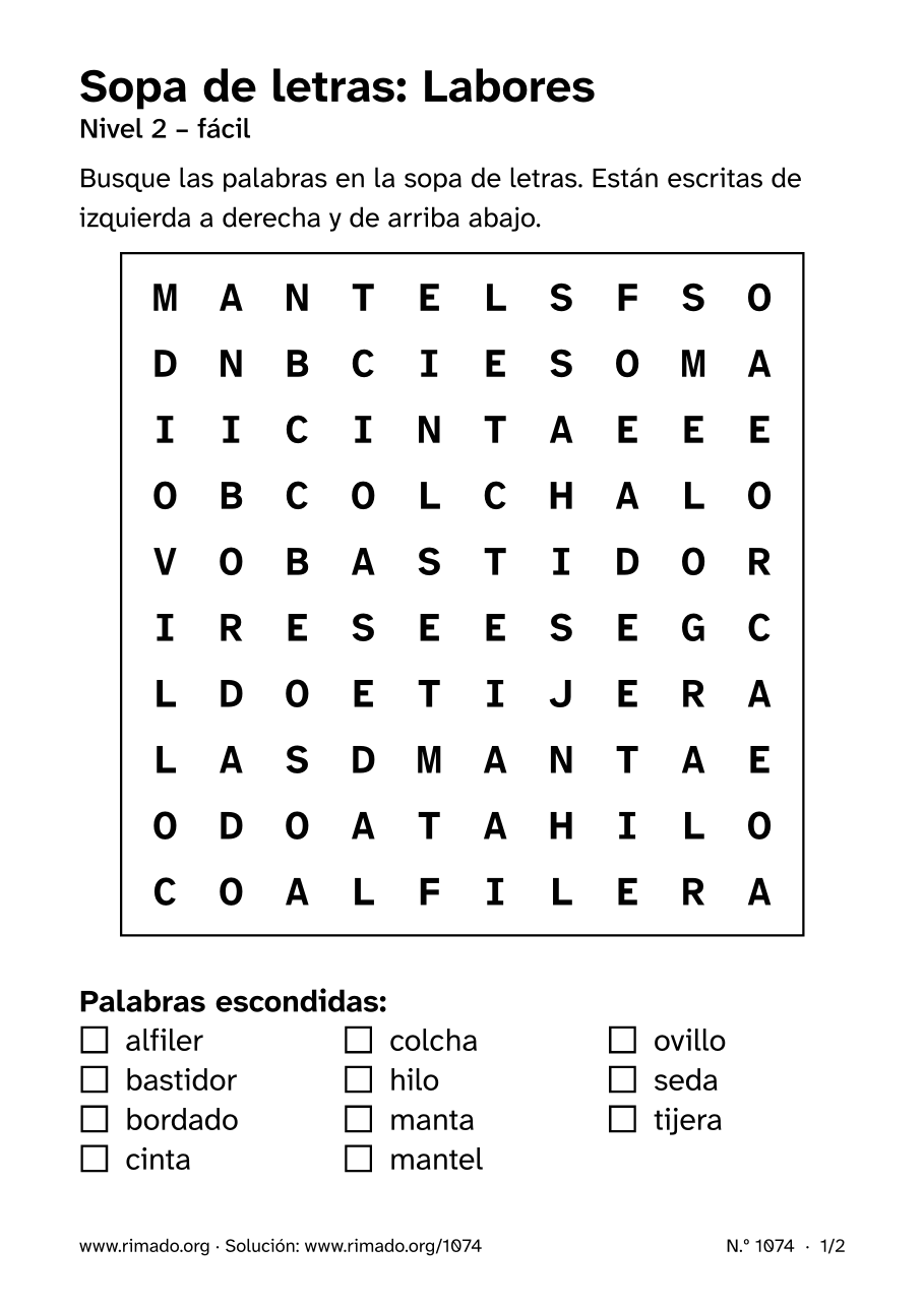 Vista previa de la hoja impresa: Sopa de letras «Labores», n.º 1074