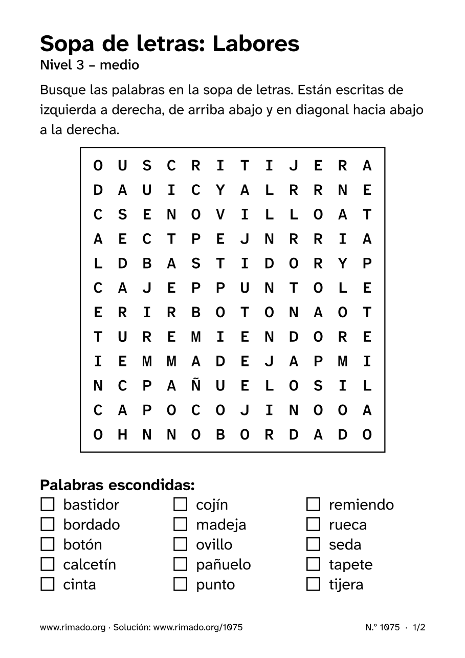 Vista previa de la hoja impresa: Sopa de letras «Labores», n.º 1075