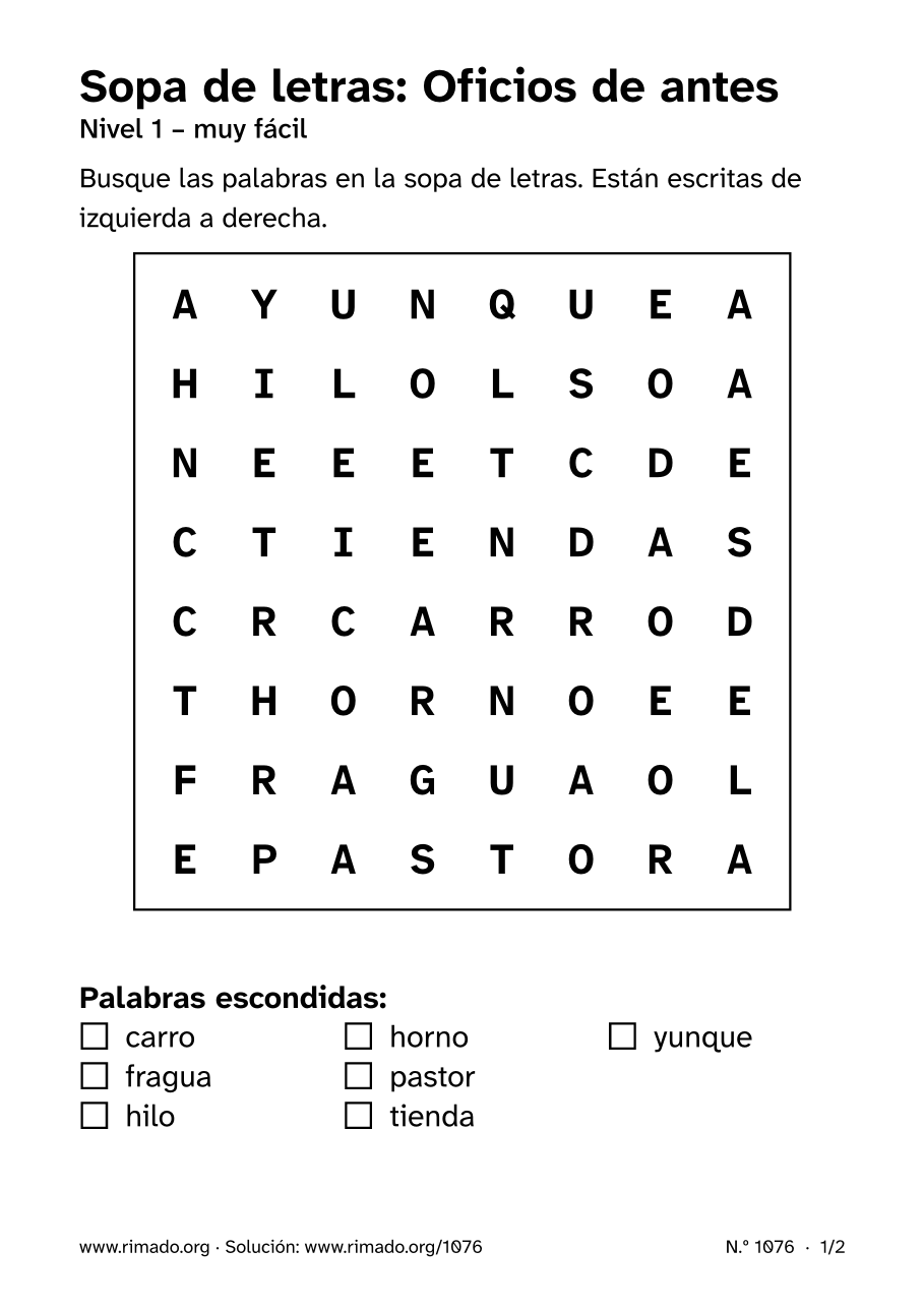 Vista previa de la hoja impresa: Sopa de letras «Oficios de antes», n.º 1076