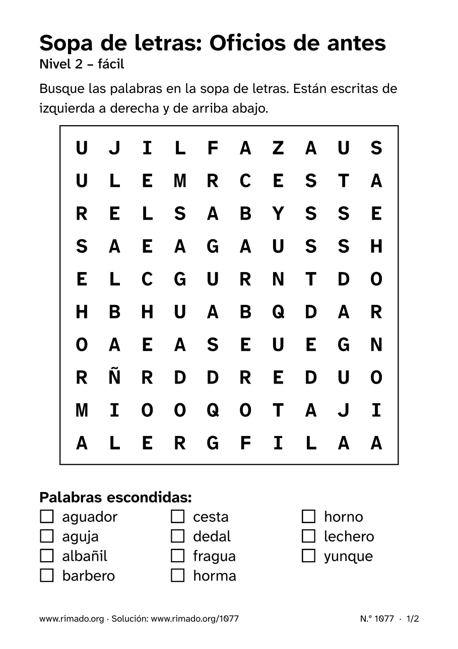 Vista previa de la hoja impresa: Sopa de letras «Oficios de antes», n.º 1077