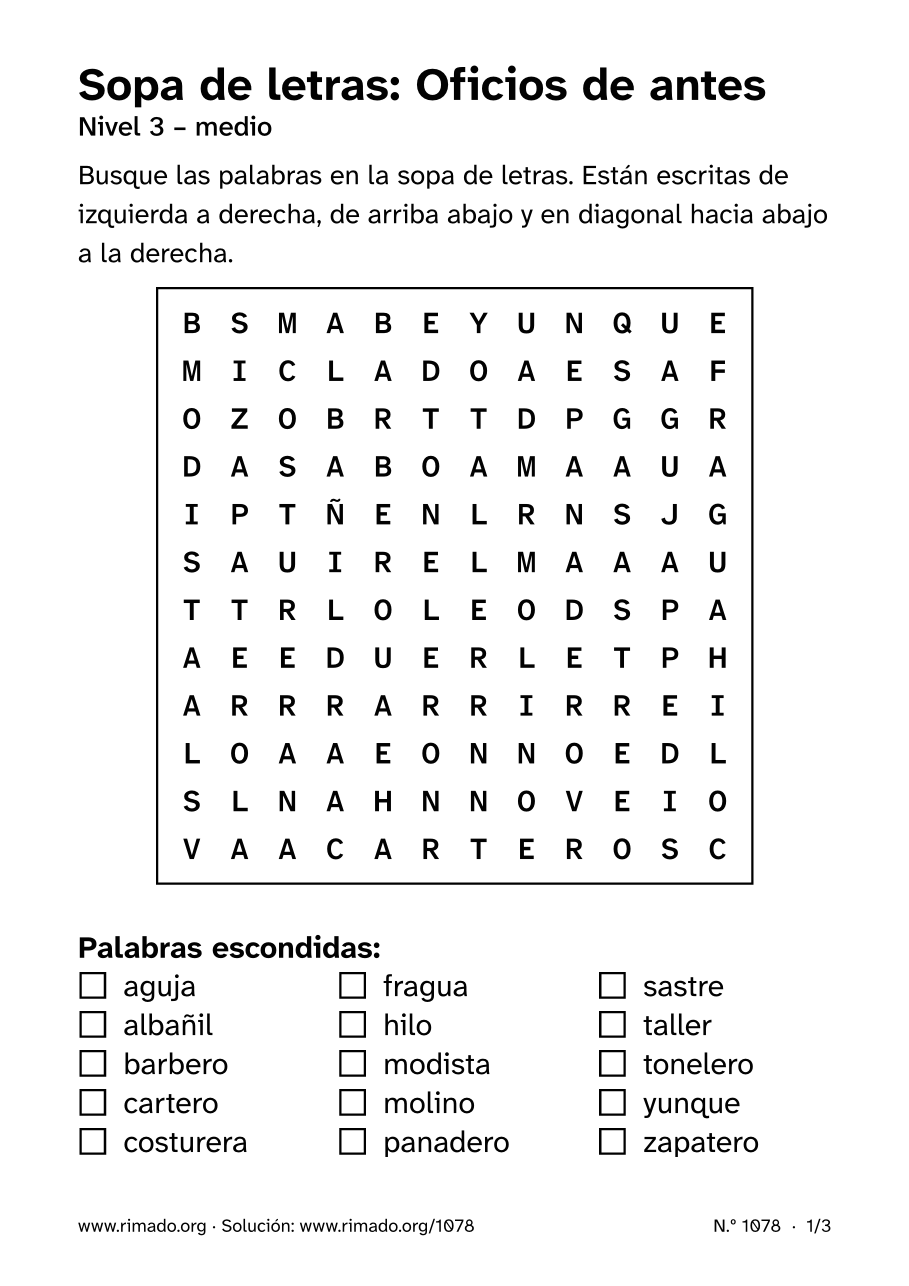 Vista previa de la hoja impresa: Sopa de letras «Oficios de antes», n.º 1078