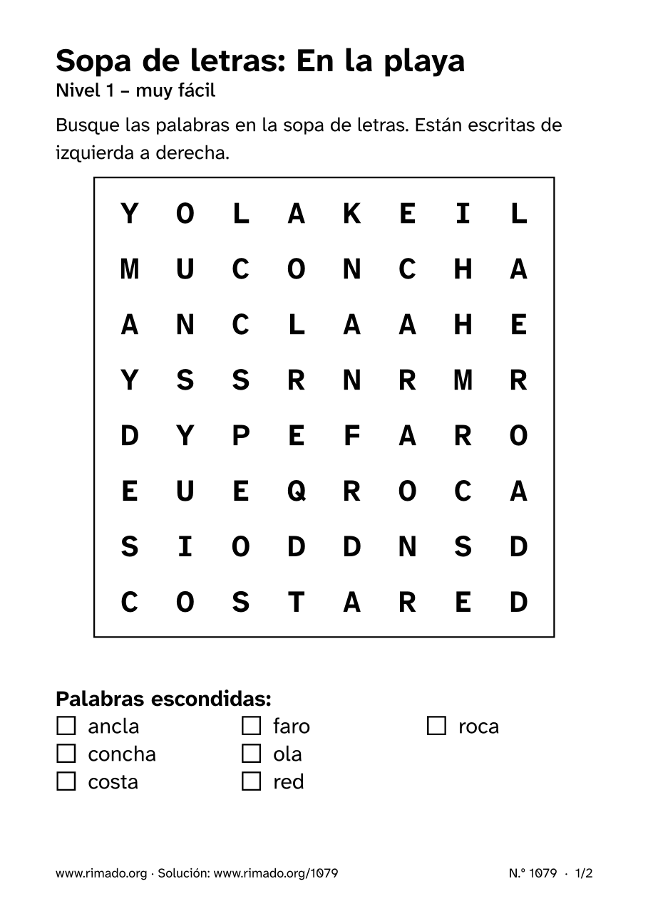 Vista previa de la hoja impresa: Sopa de letras «En la playa», n.º 1079
