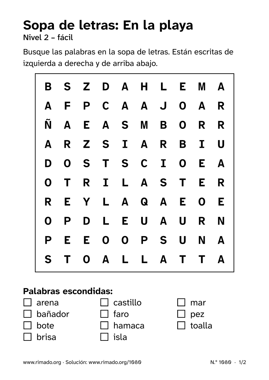 Vista previa de la hoja impresa: Sopa de letras «En la playa», n.º 1080