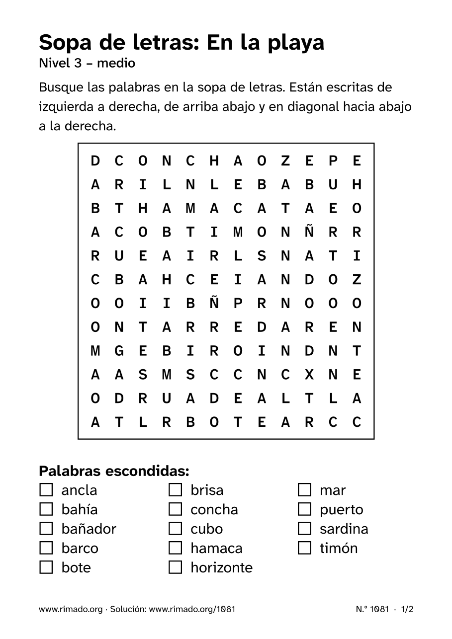 Vista previa de la hoja impresa: Sopa de letras «En la playa», n.º 1081