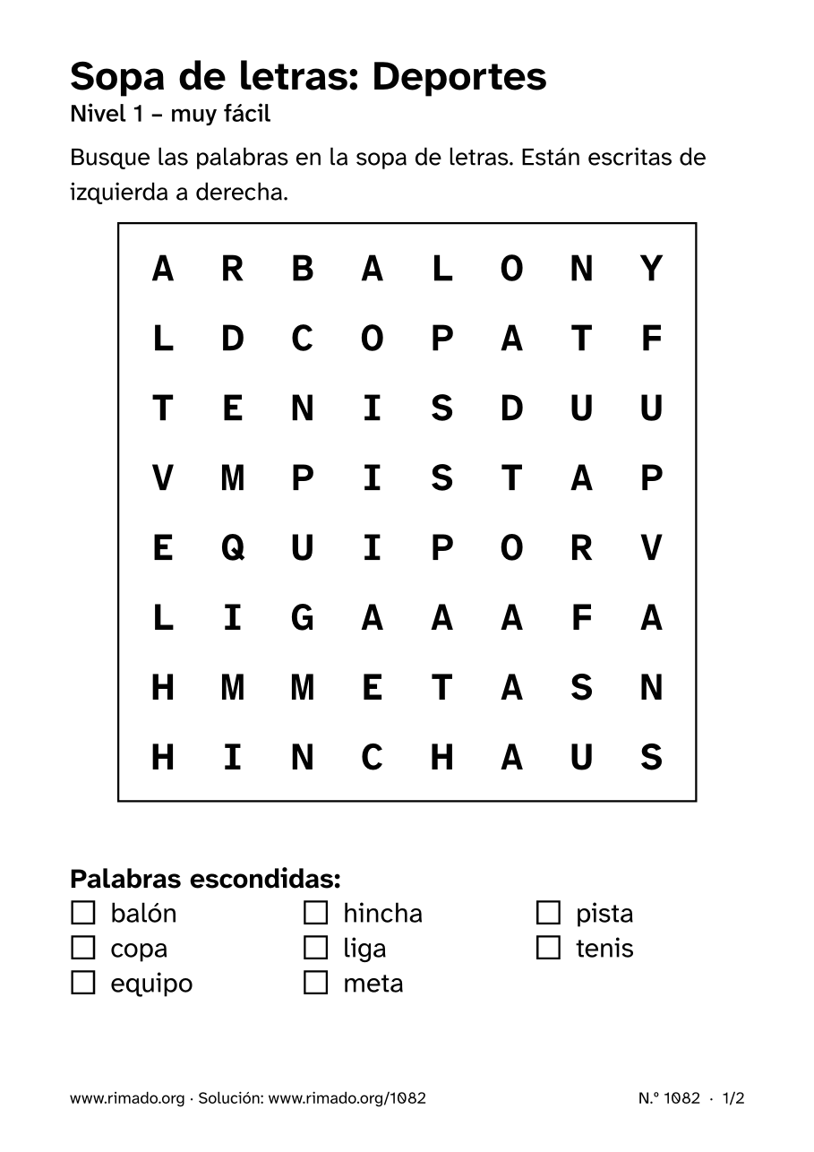 Vista previa de la hoja impresa: Sopa de letras «Deportes», n.º 1082