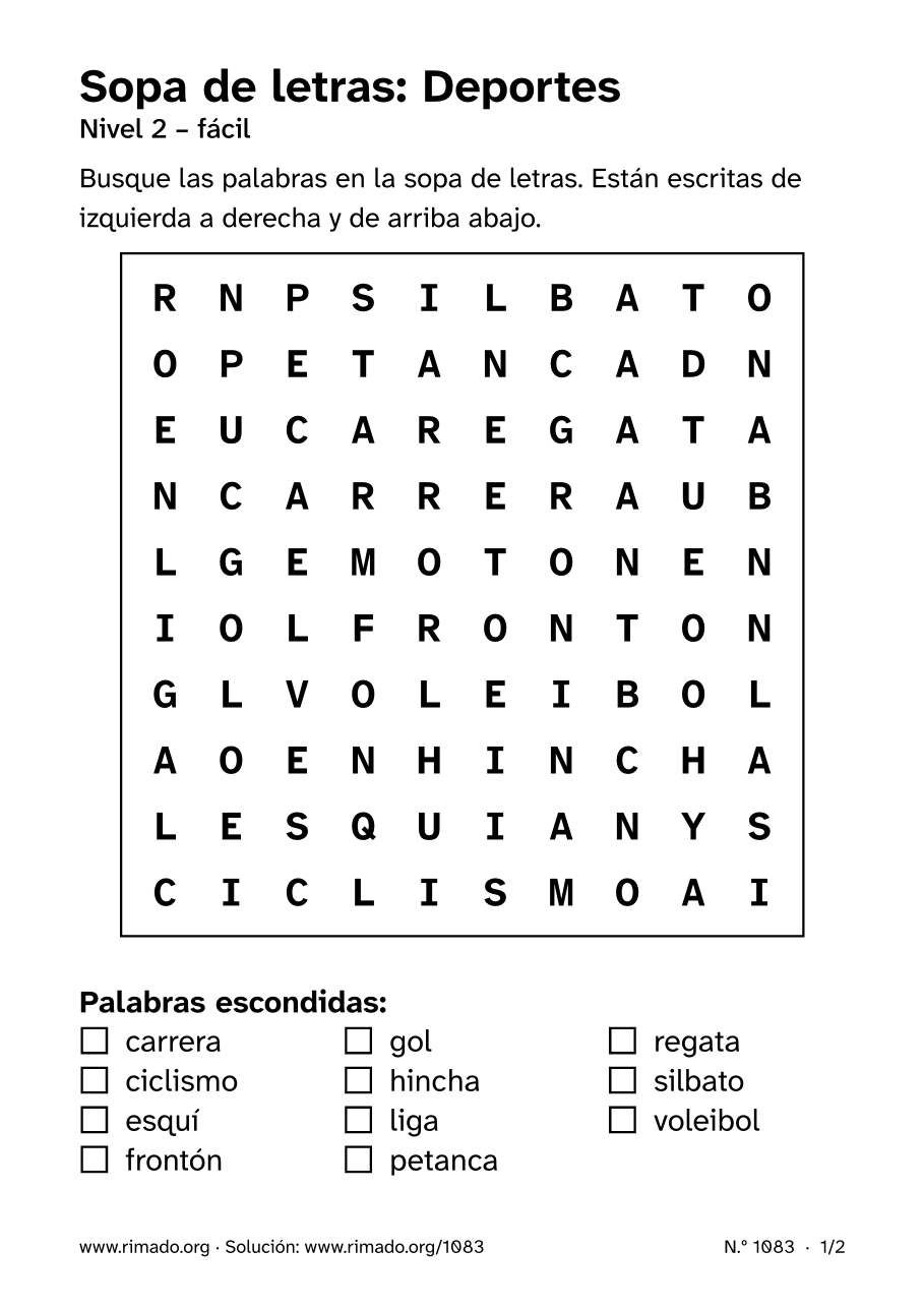 Vista previa de la hoja impresa: Sopa de letras «Deportes», n.º 1083