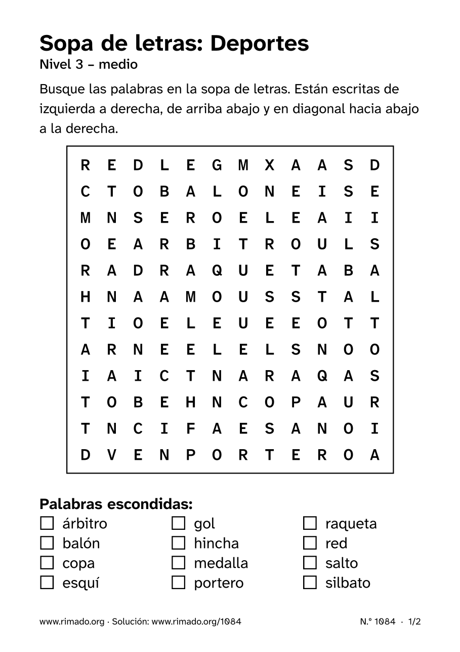 Vista previa de la hoja impresa: Sopa de letras «Deportes», n.º 1084