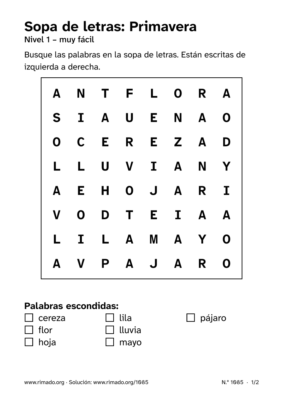 Vista previa de la hoja impresa: Sopa de letras «Primavera», n.º 1085