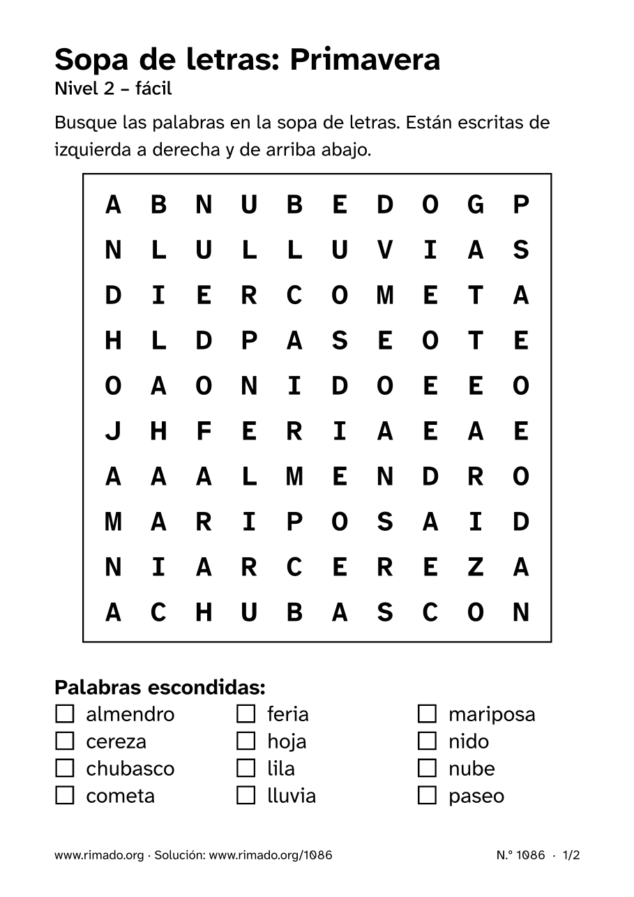 Vista previa de la hoja impresa: Sopa de letras «Primavera», n.º 1086