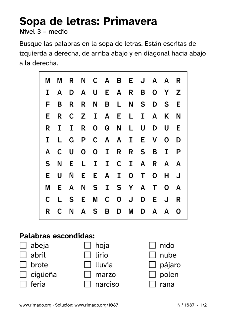 Vista previa de la hoja impresa: Sopa de letras «Primavera», n.º 1087